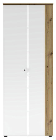 Moderner Büroschrank mit weißen Türen und Holzdetails, Frontalansicht