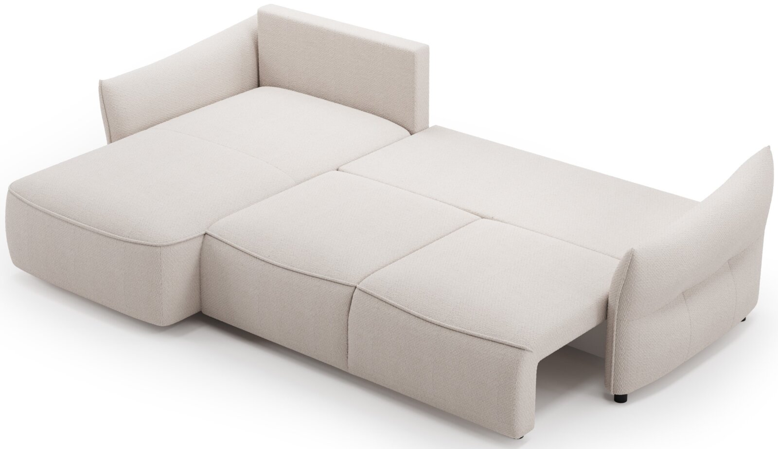 Beiges Schlafsofa mit ausgeklappter Liegefläche und Armlehnen an beiden Enden, schräg von oben in 3/4-Perspektive von vorne fotografiert