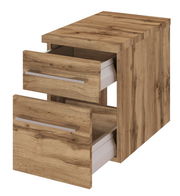 Unterschrank aus Holz mit zwei offenen Schubladen, Perspektive von vorne rechts