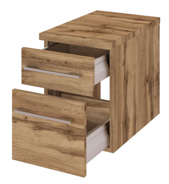 Unterschrank aus Holz mit zwei offenen Schubladen, Perspektive von vorne rechts