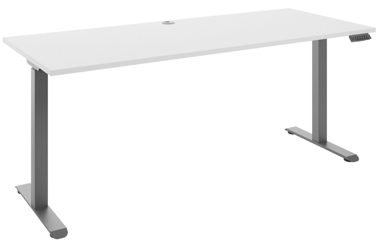 Moderner E-Schreibtisch mit weißer Tischplatte und grauen, höhenverstellbaren Beinen, seitliche Perspektive