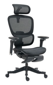 Ergonomischer Drehstuhl Novel DOMINIC in schwarzem Netzdesign mit verstellbarer Kopfstütze und Armlehnen, seitliche Perspektive