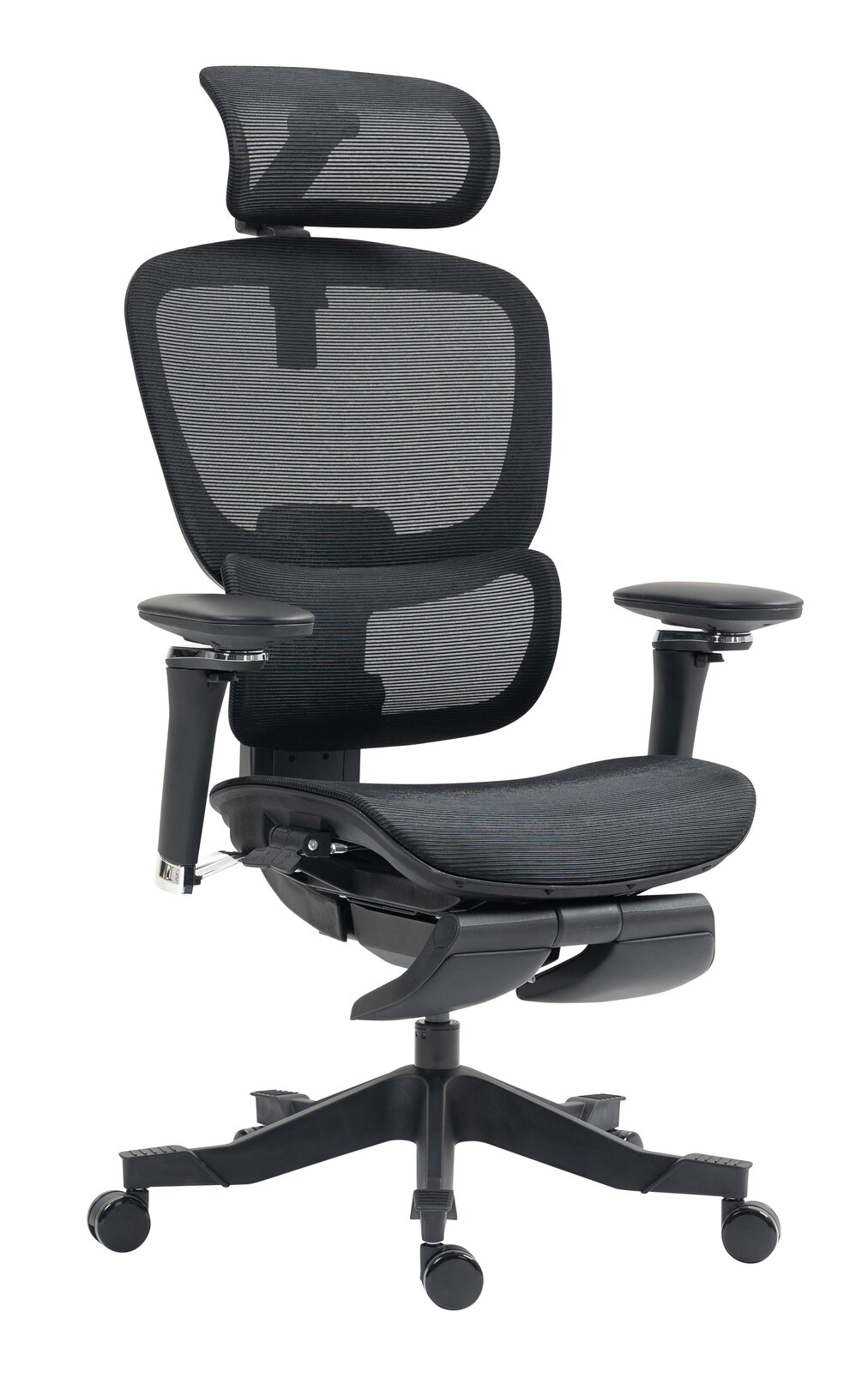 Ergonomischer Drehstuhl Novel DOMINIC in schwarzem Netzdesign mit verstellbarer Kopfstütze und Armlehnen, seitliche Perspektive