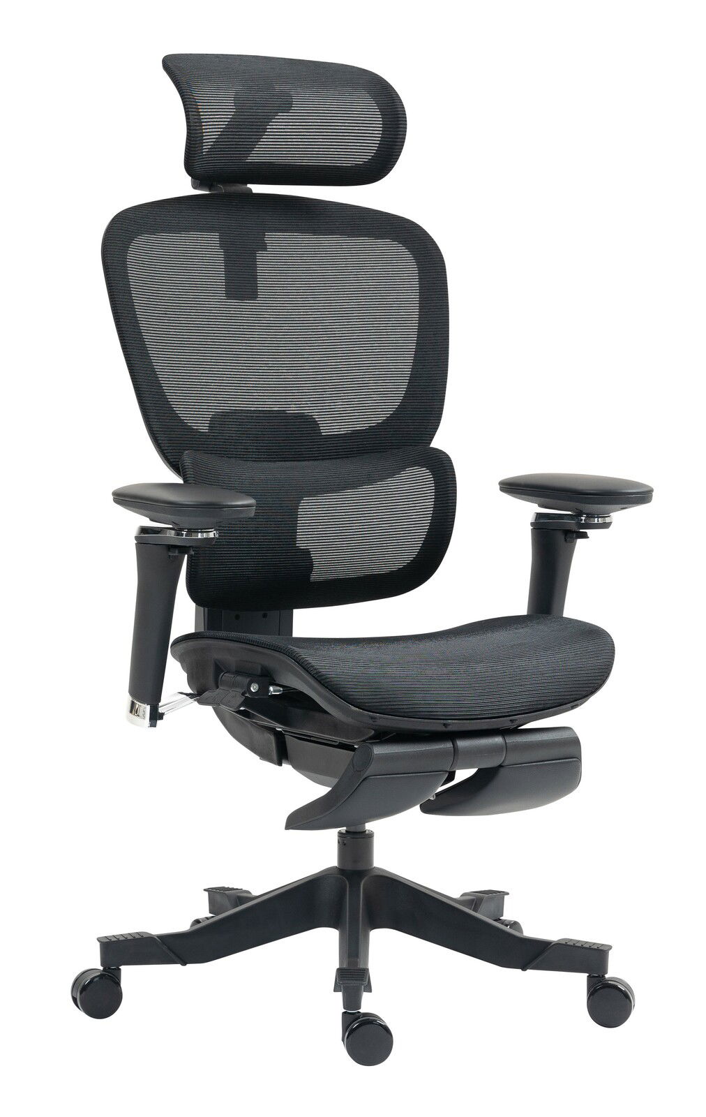 Ergonomischer Drehstuhl Novel DOMINIC in schwarzem Netzdesign mit verstellbarer Kopfstütze und Armlehnen, seitliche Perspektive