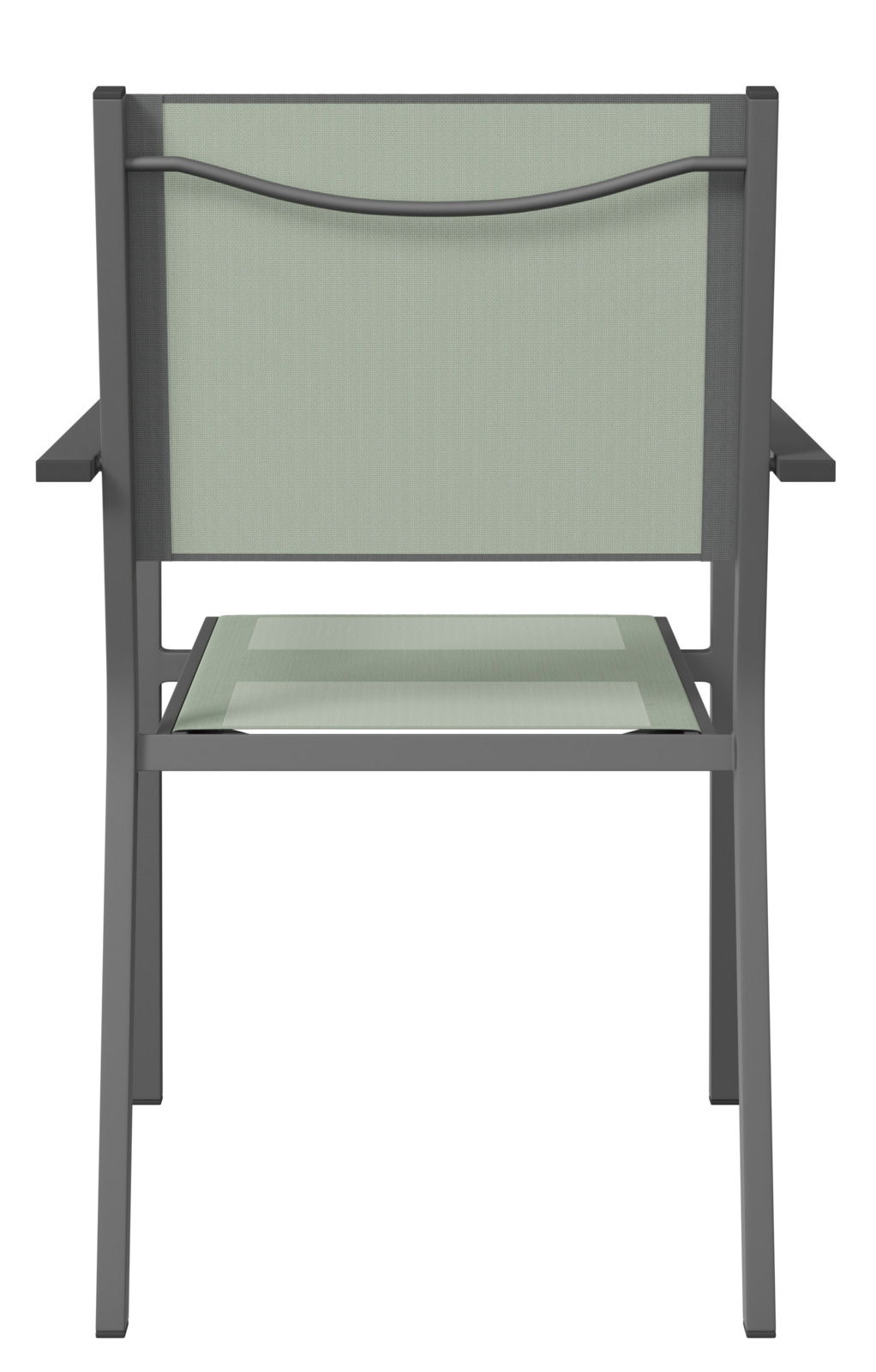 Rückansicht eines Stapelsessels mit grauem Metallrahmen und grünem Textilgewebe.