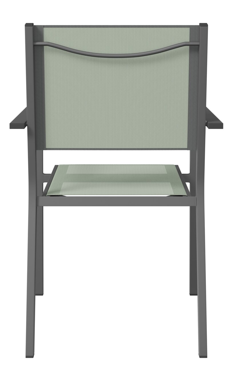 Rückansicht eines Stapelsessels mit grauem Metallrahmen und grünem Textilgewebe.