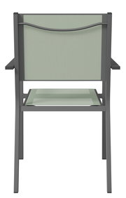 Rückansicht eines Stapelsessels mit grauem Metallrahmen und grünem Textilgewebe.