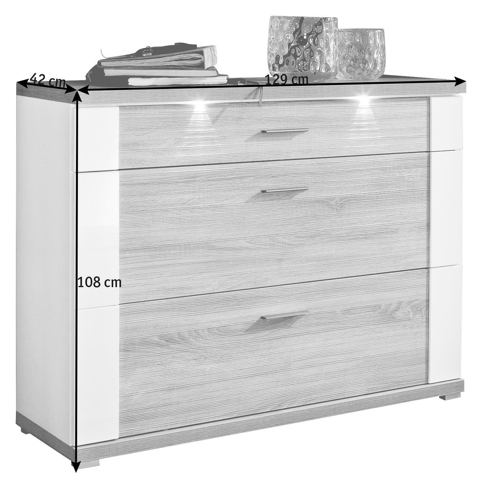 Moderner Schuhschrank mit drei Schubladen, Holzoptik und weißen Akzenten, frontal fotografiert. Maße: 129 cm Breite, 108 cm Höhe, 42 cm Tiefe.