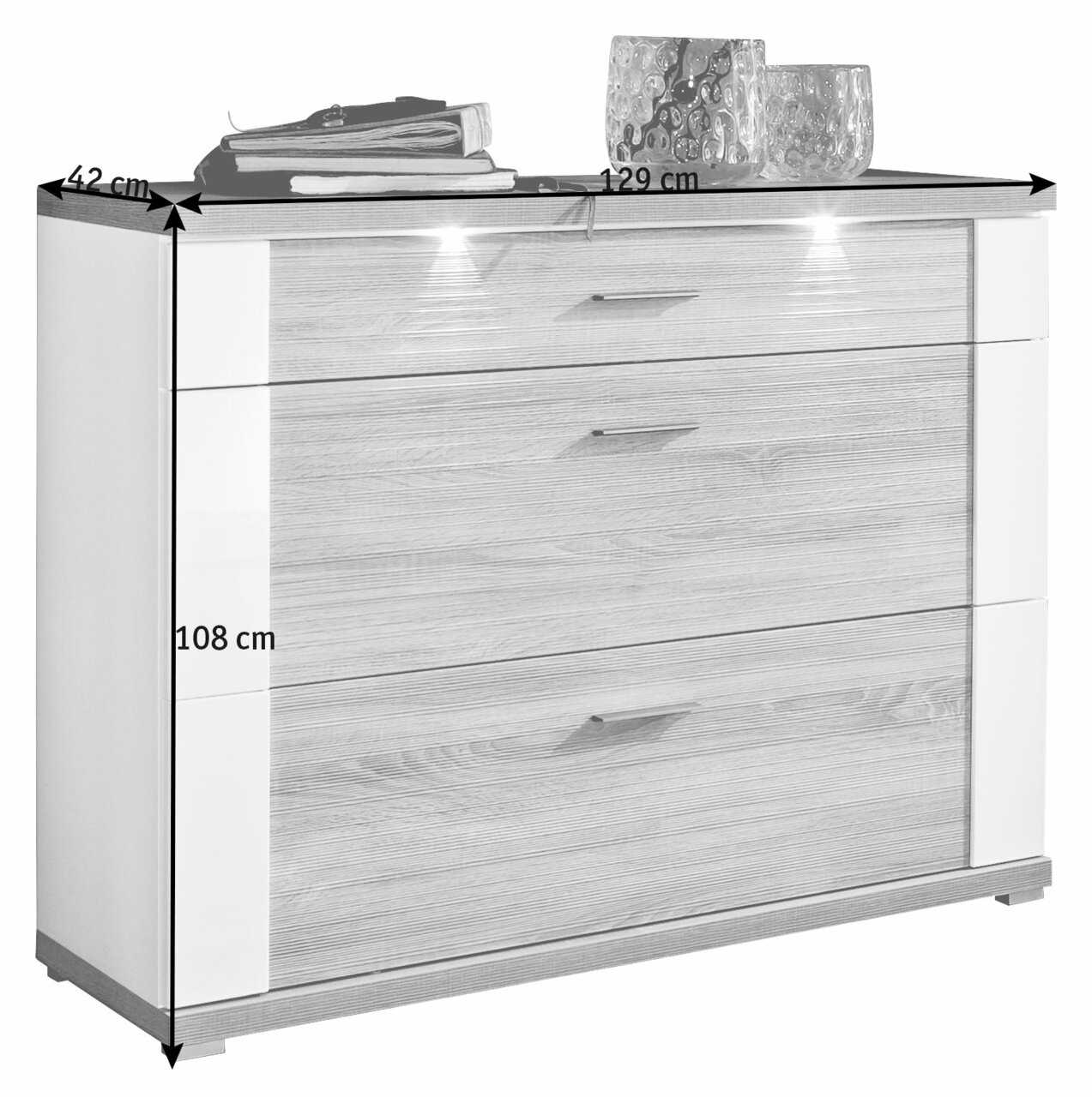 XORA Schuhschrank MANHATTAN Moderner Schuhschrank mit drei Schubladen, Holzoptik und weißen Akzenten, frontal fotografiert. Maße: 129 cm Breite, 108 cm Höhe, 42 cm Tiefe.