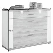 Moderner Schuhschrank mit drei Schubladen, Holzoptik und weißen Akzenten, frontal fotografiert. Maße: 129 cm Breite, 108 cm Höhe, 42 cm Tiefe.