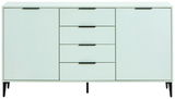 Modernes Sideboard in hellem Mintgrün mit schwarzen Griffen und Beinen, frontal abgebildet.