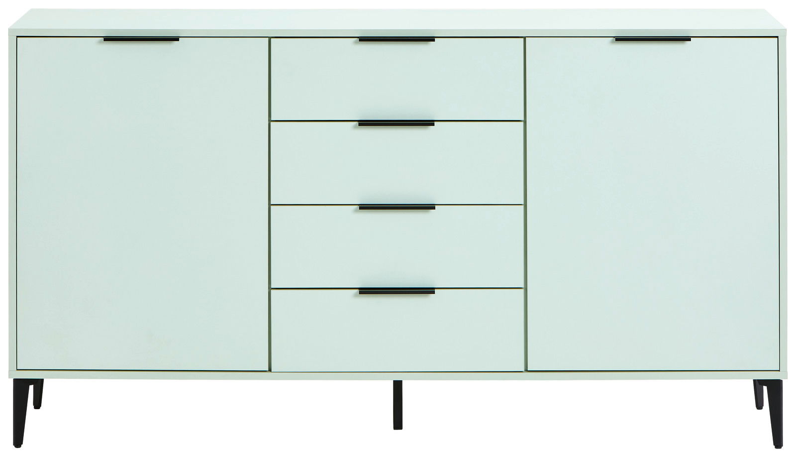 Modernes Sideboard in hellem Mintgrün mit schwarzen Griffen und Beinen, frontal abgebildet.