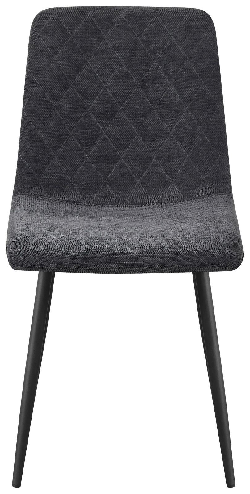 Moderner Stuhl mit schwarzem, gestepptem Stoffbezug und schlanken Metallbeinen, Frontalansicht.