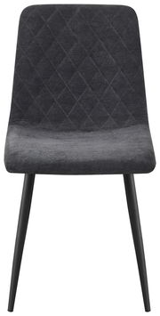 Moderner Stuhl mit schwarzem, gestepptem Stoffbezug und schlanken Metallbeinen, Frontalansicht.