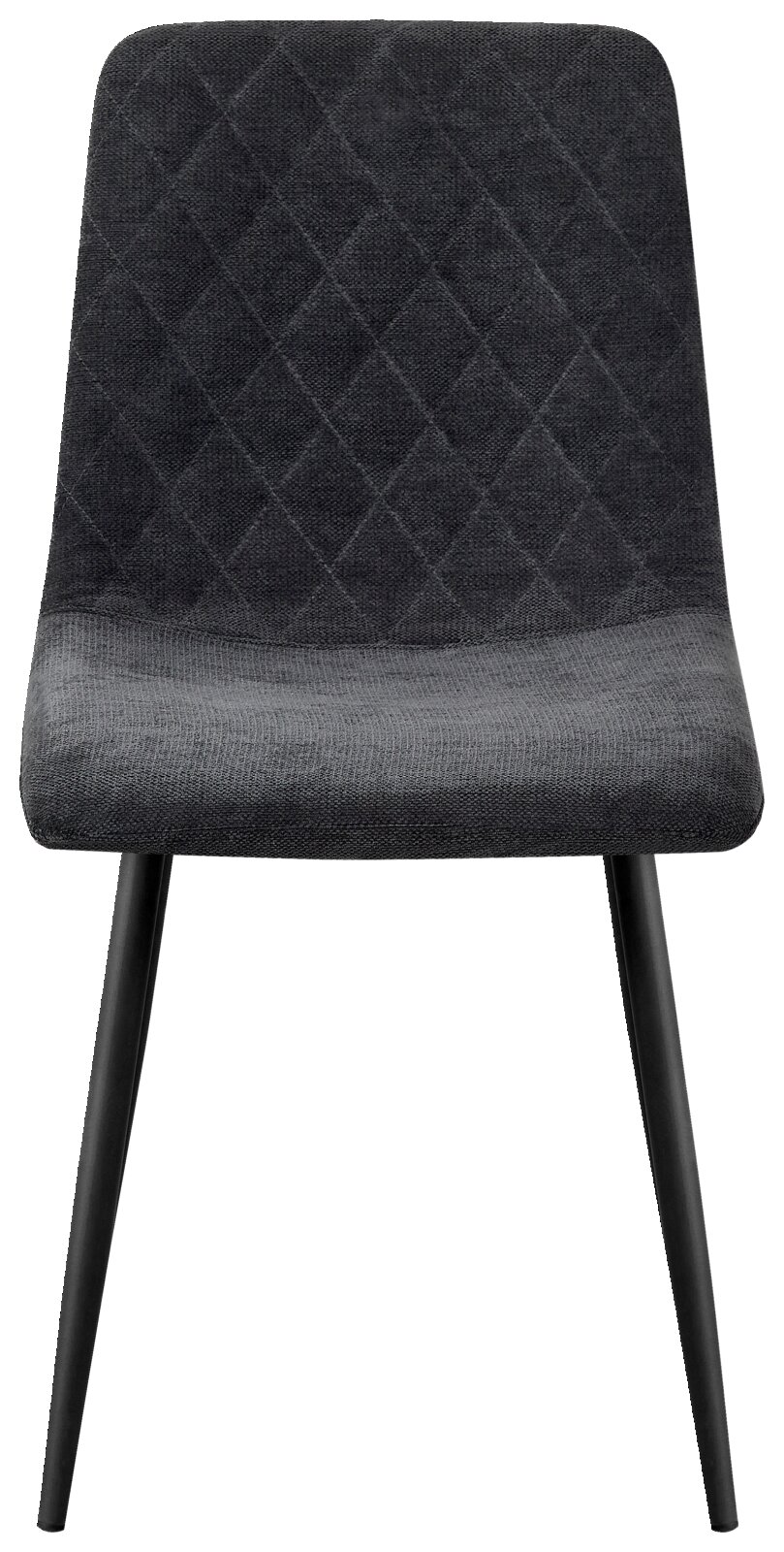 Moderne stoel met een zwarte, doorgestikte stoffen bekleding en slanke metalen poten, gezien van voren.