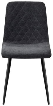 Moderne stoel met een zwarte, doorgestikte stoffen bekleding en slanke metalen poten, gezien van voren.