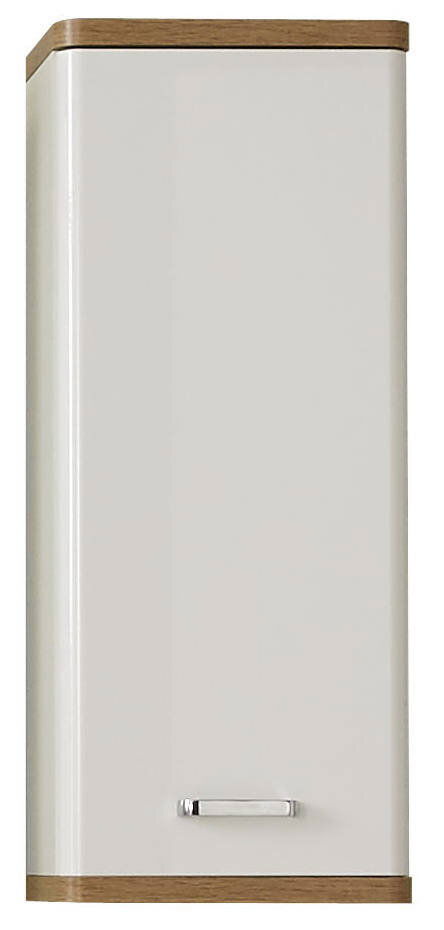Moderner Wandschrank in Weiß mit Holzdetails, Frontalansicht