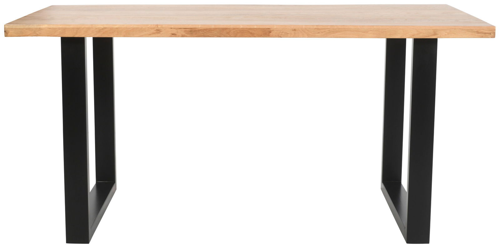 Moderner Esstisch mit Holzplatte und schwarzen Metallbeinen, Frontalansicht