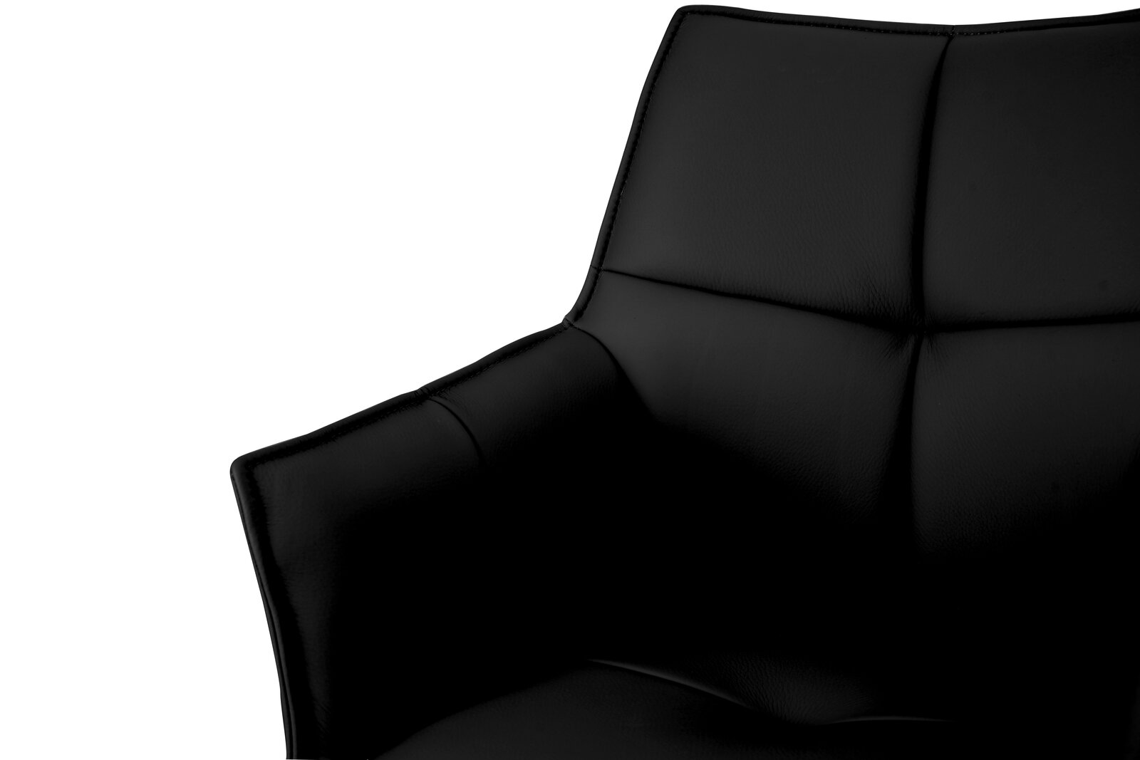 Nahaufnahme eines schwarzen, gepolsterten Barstuhls mit eleganter Naht und moderner Ästhetik, von schräg oben betrachtet.