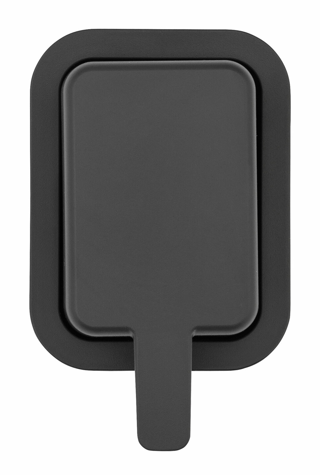 Schwarzer Seifenspender von oben betrachtet, rechteckige Form mit abgerundeten Ecken und einem Ausguss.