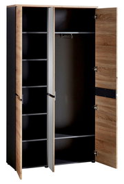 Offenes Garderoben-Set mit zwei Türen, linke Seite mit Regalböden, rechte Seite mit Kleiderstange, aus Holz und dunklem Material, Frontalansicht.