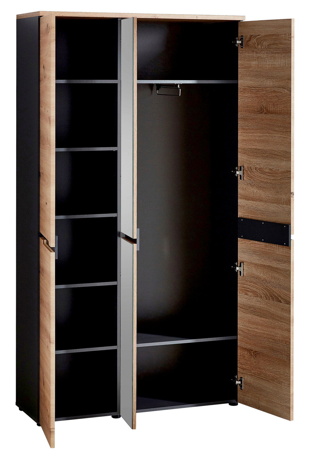 Offenes Garderoben-Set mit zwei Türen, linke Seite mit Regalböden, rechte Seite mit Kleiderstange, aus Holz und dunklem Material, Frontalansicht.