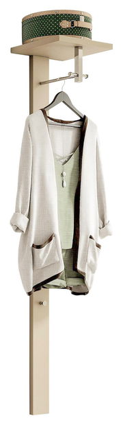 Frontale Ansicht einer modernen Garderobe mit Hutablage, Kleiderhaken und hängendem Mantel.