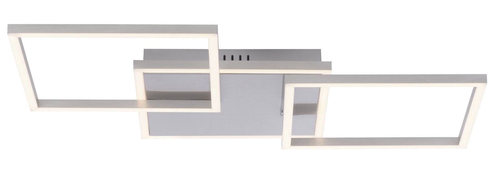 Moderne LED-Deckenleuchte in Silber mit drei rechteckigen, überlappenden Leuchtrahmen, frontal in leichter Untersicht auf weißem Hintergrund