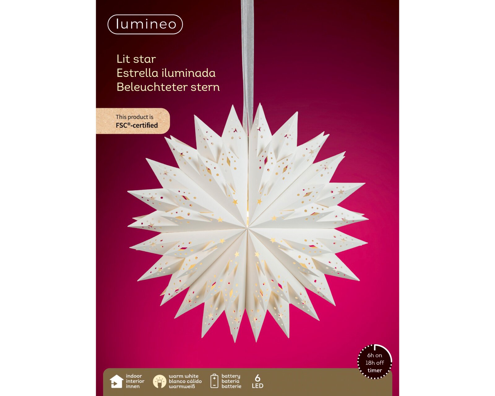 Frontansicht eines weißen, warmweiß beleuchteten Papiersterns von Lumineo mit dekorativen Ausstanzungen, 6 LEDs, Batteriebetrieb und Timer für den Innenbereich