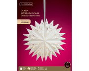 Frontansicht eines weißen, warmweiß beleuchteten Papiersterns von Lumineo mit dekorativen Ausstanzungen, 6 LEDs, Batteriebetrieb und Timer für den Innenbereich