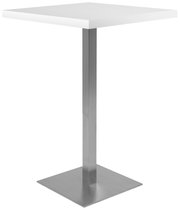 Moderner Bartisch mit quadratischer weißer Tischplatte und stabilem Metallfuß, seitliche Perspektive