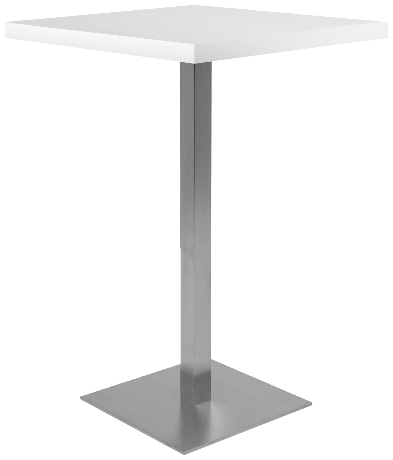 Moderner Bartisch mit quadratischer weißer Tischplatte und stabilem Metallfuß, seitliche Perspektive
