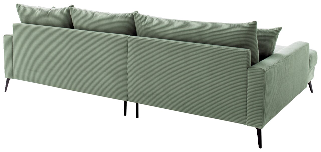 Rückansicht eines grünen Sofas mit geripptem Stoff und schwarzen Beinen