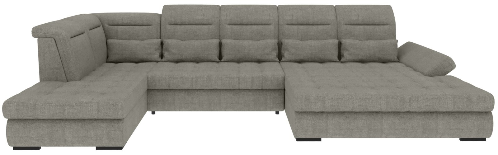 Graues U-förmiges Wohnlandschaft-Sofa mit Stoffbezug, verstellbaren Kopfstützen und zwei Ottomane-Elementen, Frontansicht leicht von oben