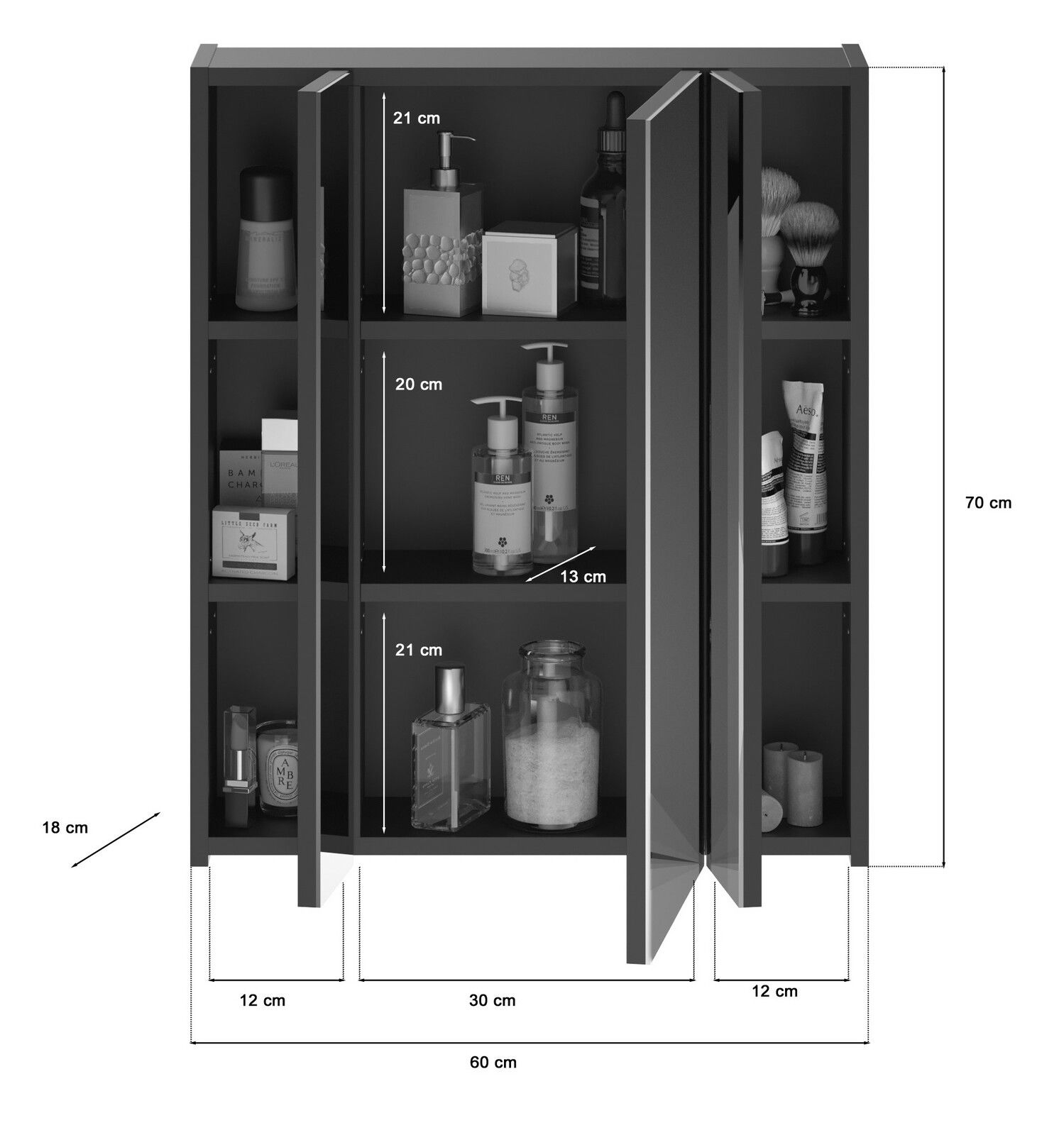Schwarzer Badezimmerschrank mit drei Regalböden, gefüllt mit Pflegeprodukten, von vorne betrachtet.