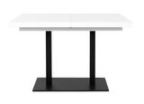 Moderner Esstisch mit weißer Tischplatte und schwarzen Metallbeinen, frontal betrachtet.