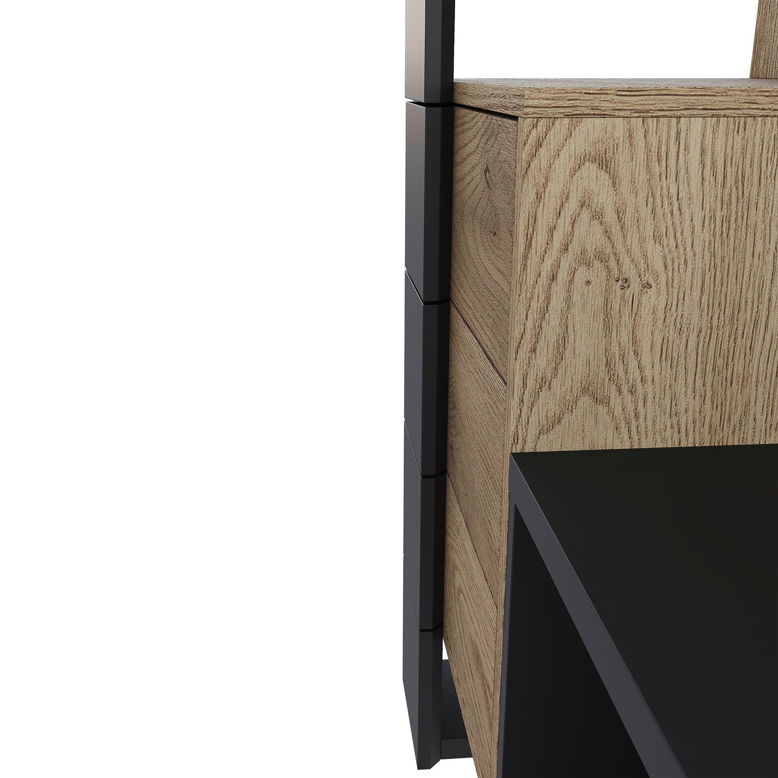 Detailansicht einer Kompaktgarderobe mit Holzoptik und schwarzen Elementen, seitliche Perspektive