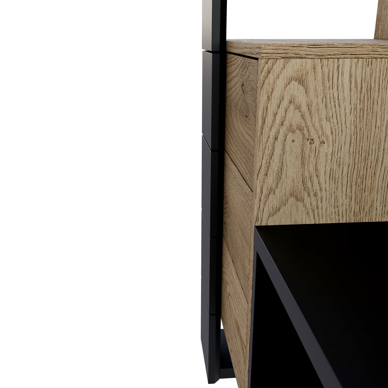 Detailweergave van een compacte kapstok met houtlook en zwarte elementen, zijaanzicht