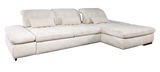 Beige Ecksofa mit Rillenstruktur, bestehend aus zwei Teilen, mit verstellbaren Rückenlehnen und Kissen, Perspektive von vorne links
