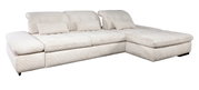 Beige Ecksofa mit Rillenstruktur, bestehend aus zwei Teilen, mit verstellbaren Rückenlehnen und Kissen, Perspektive von vorne links