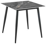 Moderner quadratischer Esstisch mit grauer Marmoroptik-Tischplatte und schwarzen Metallbeinen, seitliche Perspektive