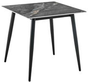 Moderner quadratischer Esstisch mit grauer Marmoroptik-Tischplatte und schwarzen Metallbeinen, seitliche Perspektive