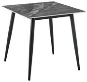 Moderner quadratischer Esstisch mit grauer Marmoroptik-Tischplatte und schwarzen Metallbeinen, seitliche Perspektive