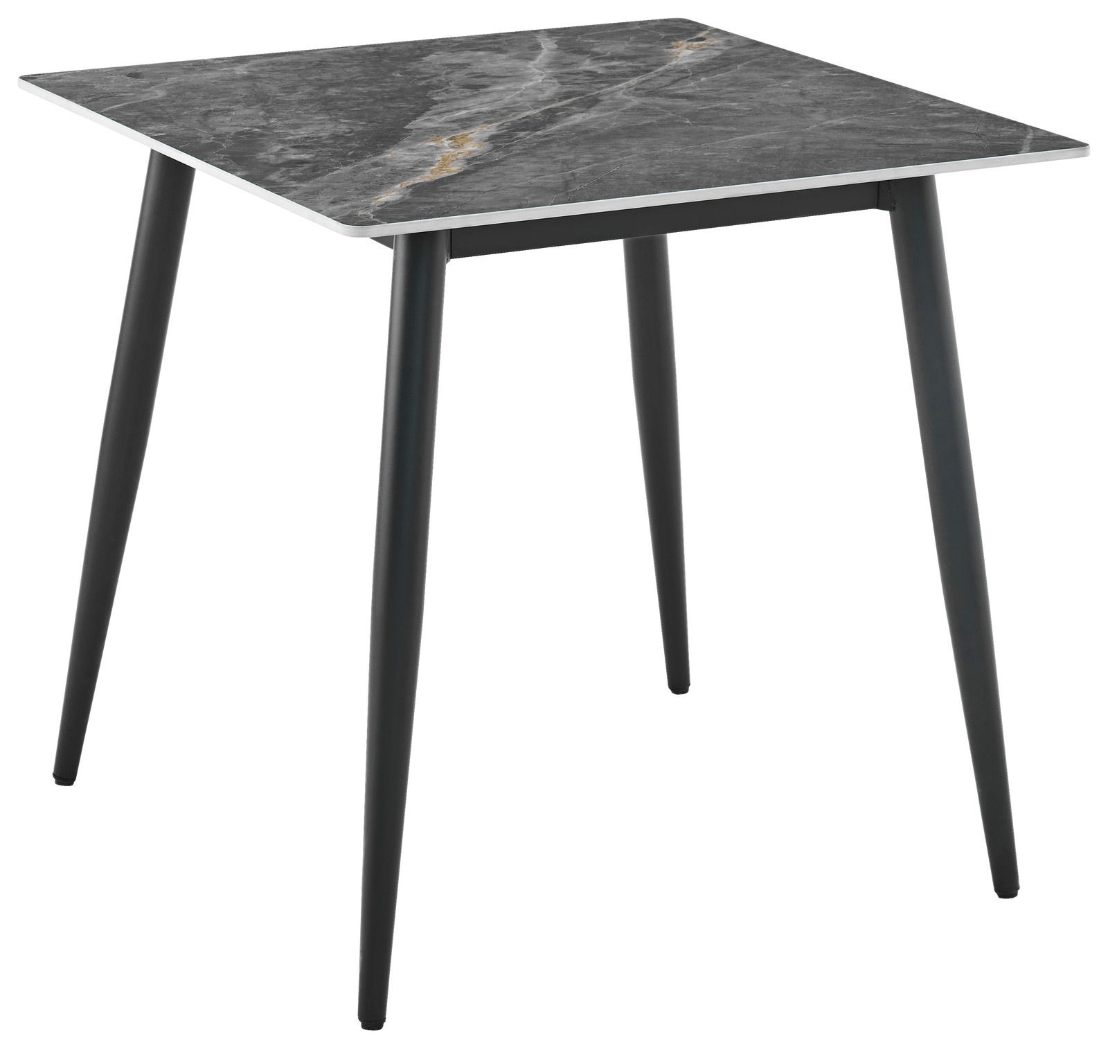 Moderner quadratischer Esstisch mit grauer Marmoroptik-Tischplatte und schwarzen Metallbeinen, seitliche Perspektive