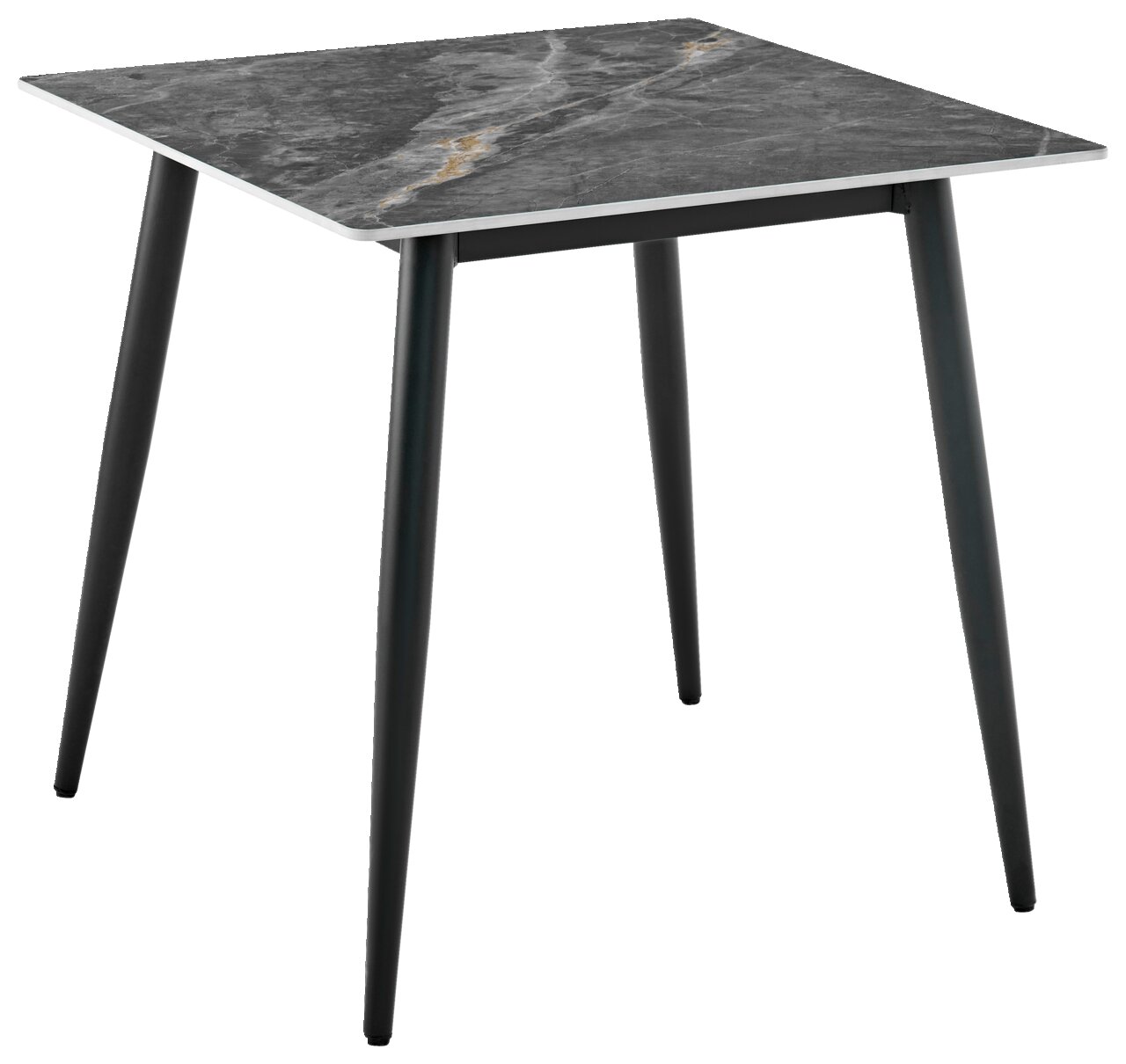 Moderner quadratischer Esstisch mit grauer Marmoroptik-Tischplatte und schwarzen Metallbeinen, seitliche Perspektive