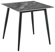 Moderner quadratischer Esstisch mit grauer Marmoroptik-Tischplatte und schwarzen Metallbeinen, seitliche Perspektive