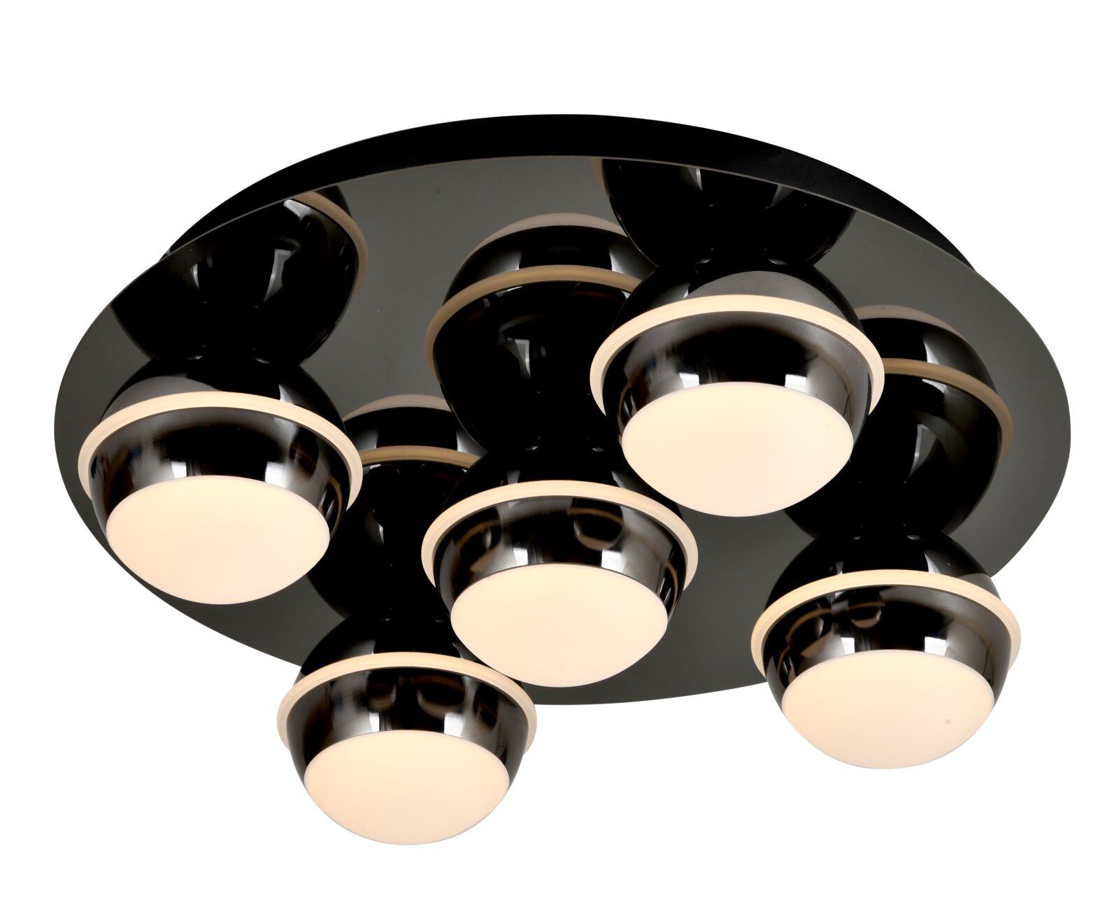 Moderne led-plafondlamp met zes bolvormige lampen, gezien van onderaf.