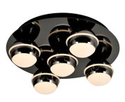 Moderne led-plafondlamp met zes bolvormige lampen, gezien van onderaf.