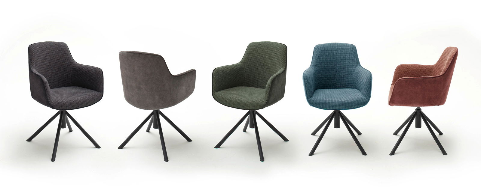 Fünf moderne Sessel in verschiedenen Farben mit schwarzem Metallgestell, Vorder- und Rückansicht.