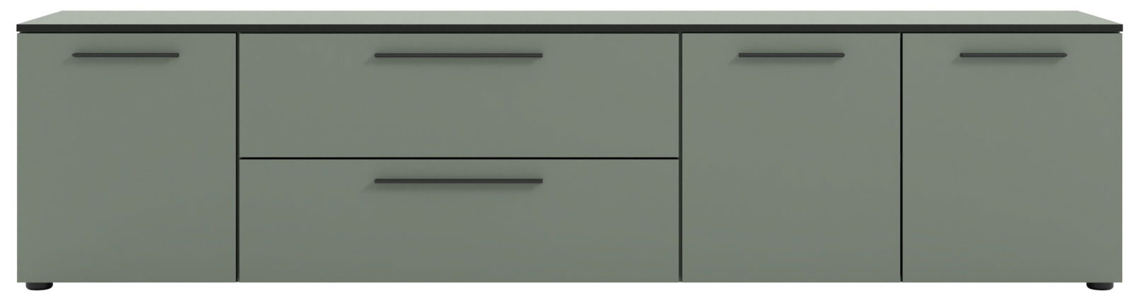 Frontansicht eines XL-TV-Lowboards in Grau mit zwei Türen und zwei Schubladen, schwarzen Griffen und flacher Oberfläche.